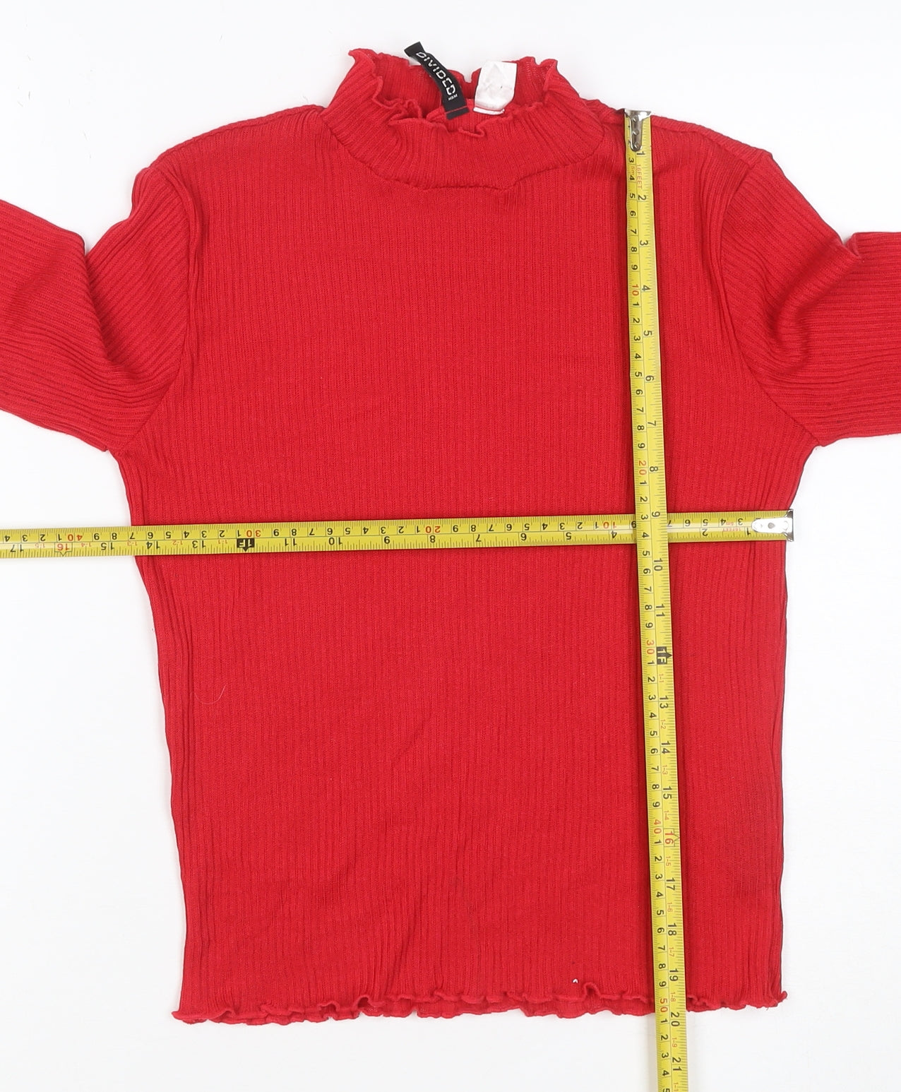 H&M Divided Women Red S Ribbed High Neck Ruffle Long Sleeve Knit Top