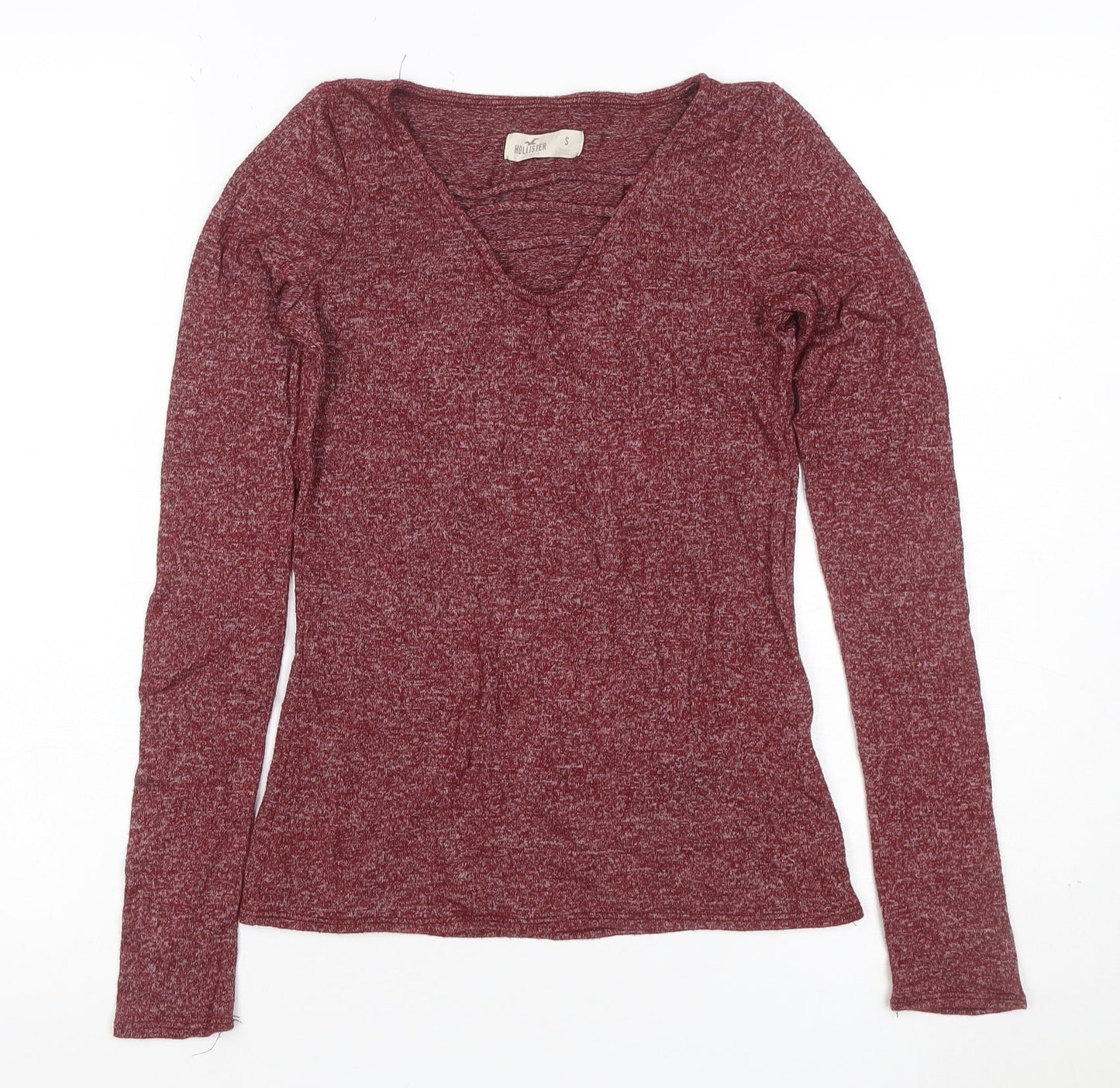 Hollister Women Red Small Ruffle V-Neck Long Sleeve Jersey Top