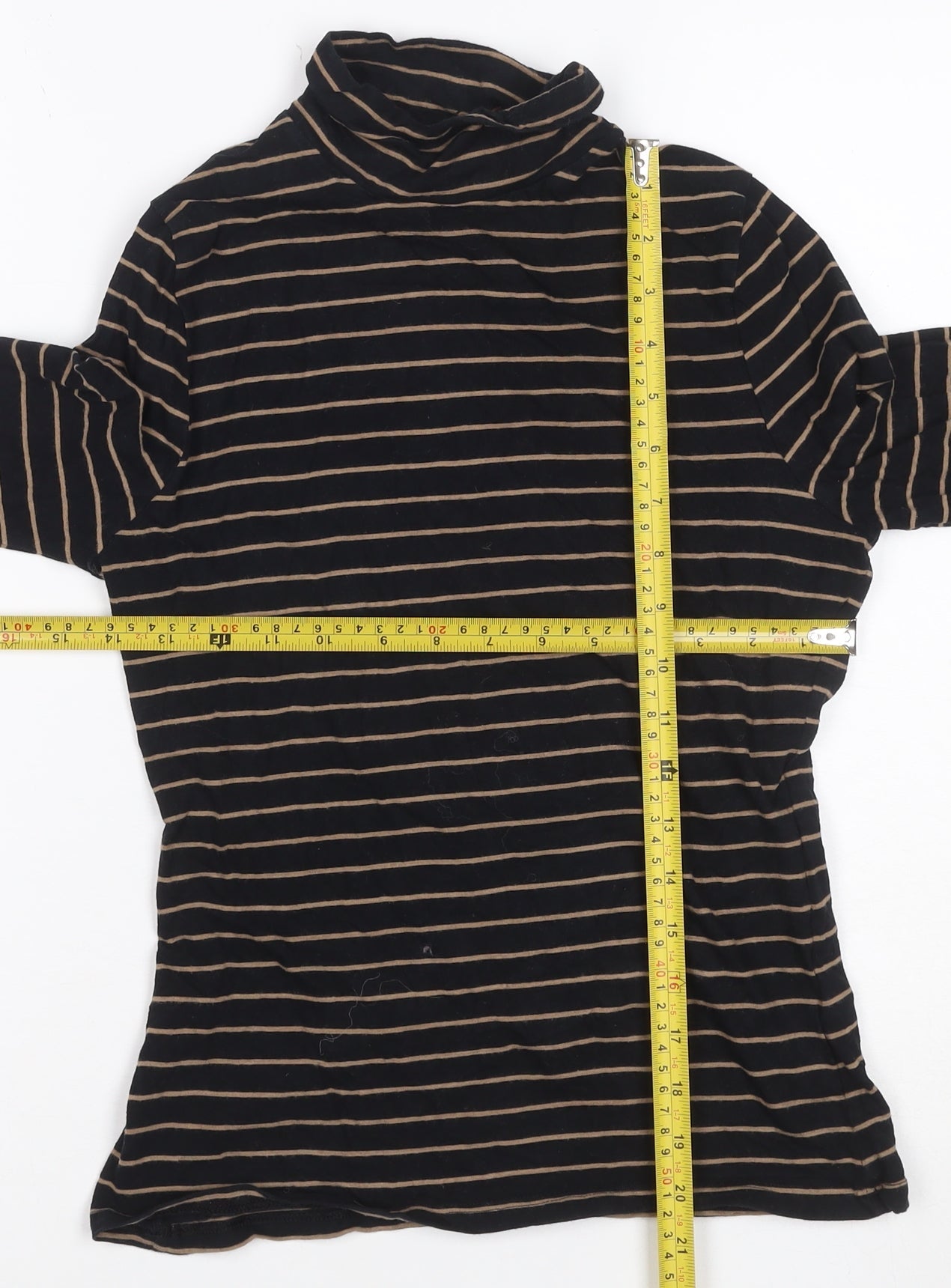 M&S Women Black Beige Striped Roll Neck Long Sleeve Top UK 8