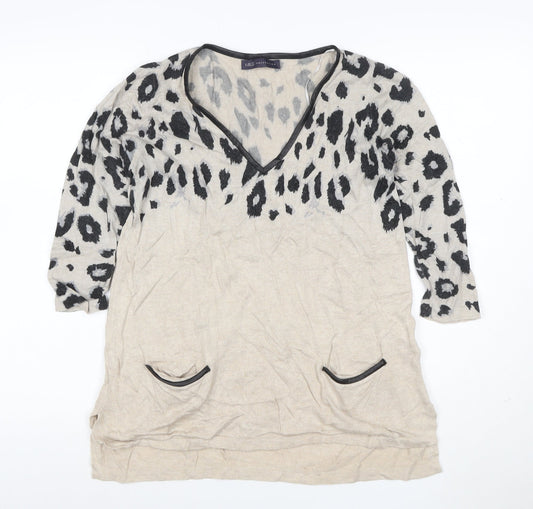 M&S Women Beige Leopard Print V-Neck Long Sleeve Tunic Top UK 10