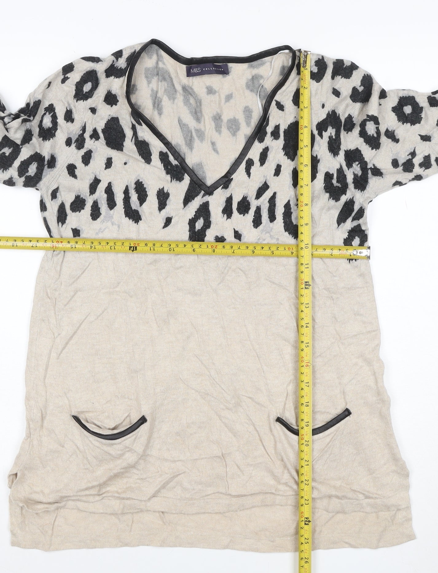 M&S Women Beige Leopard Print V-Neck Long Sleeve Tunic Top UK 10