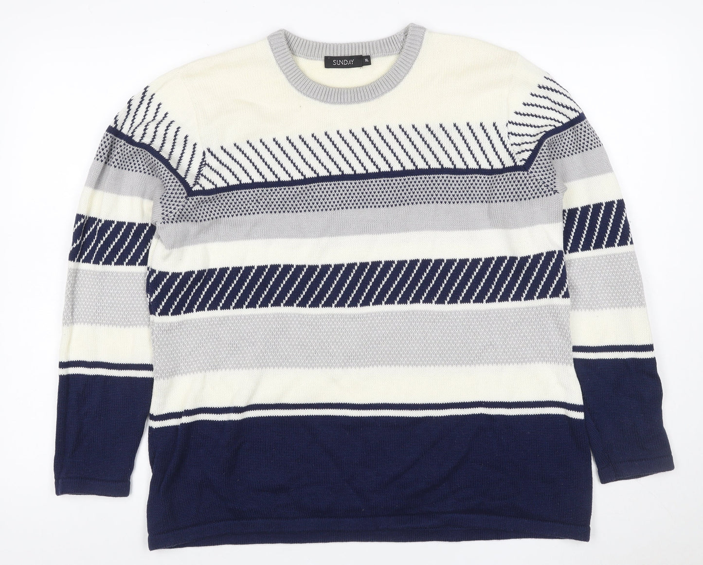 Sunday Women’s Navy Grey White Striped Knit Jumper XL Crew Neck