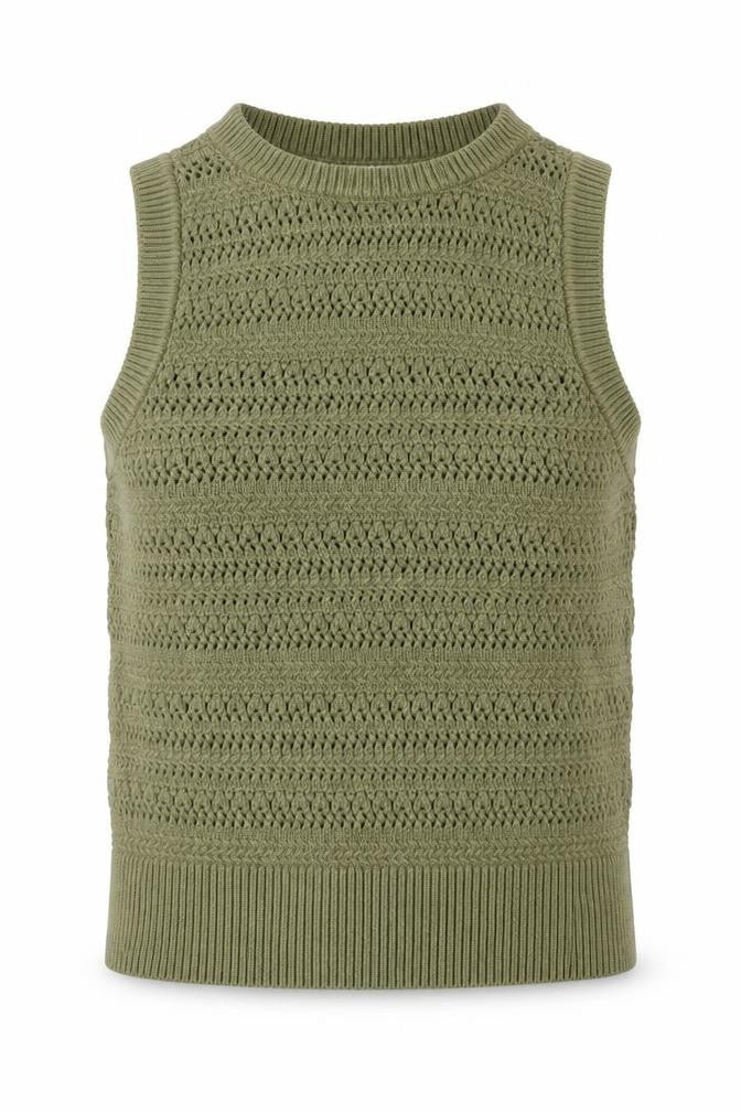 Front view of Dunnes Women Green Khaki, size 8, Open-Knit Sleeveless Jumper Vest