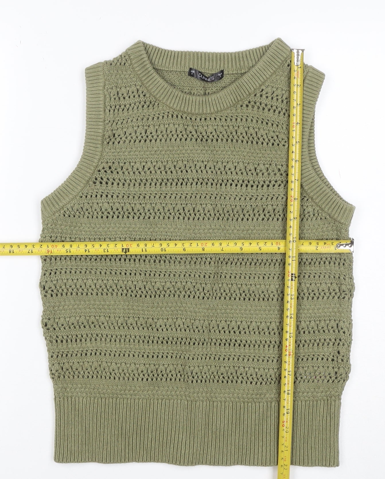 Dunnes Women Green Khaki Size 8 Open-Knit Sleeveless Jumper Vest