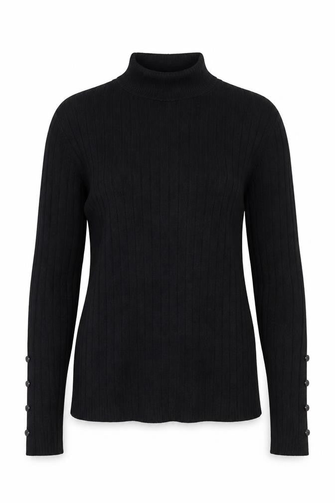 Marks & Spencer Women Black UK 10 Ribbed Roll Neck Button Sleeve Jumper