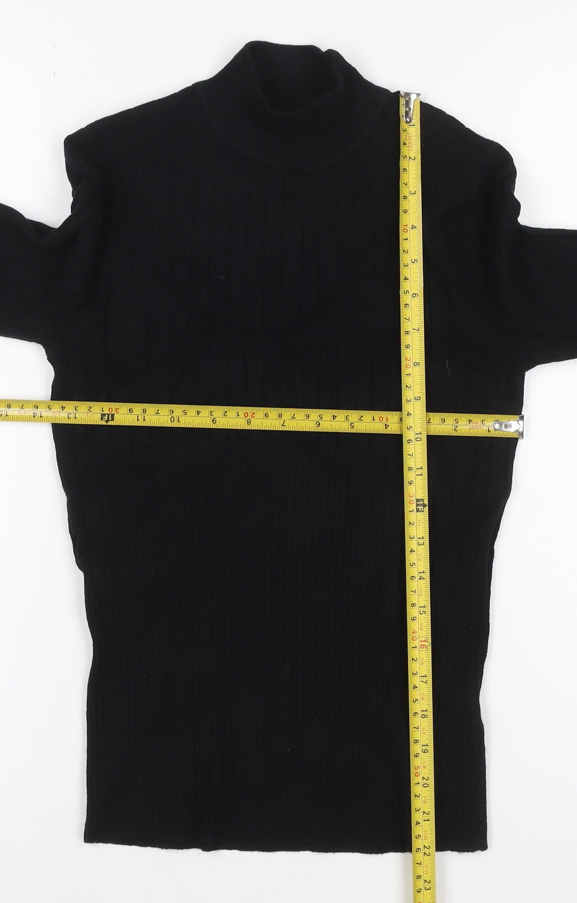 M&S Women Black UK 10 Ribbed Roll Neck Button Sleeve Jumper