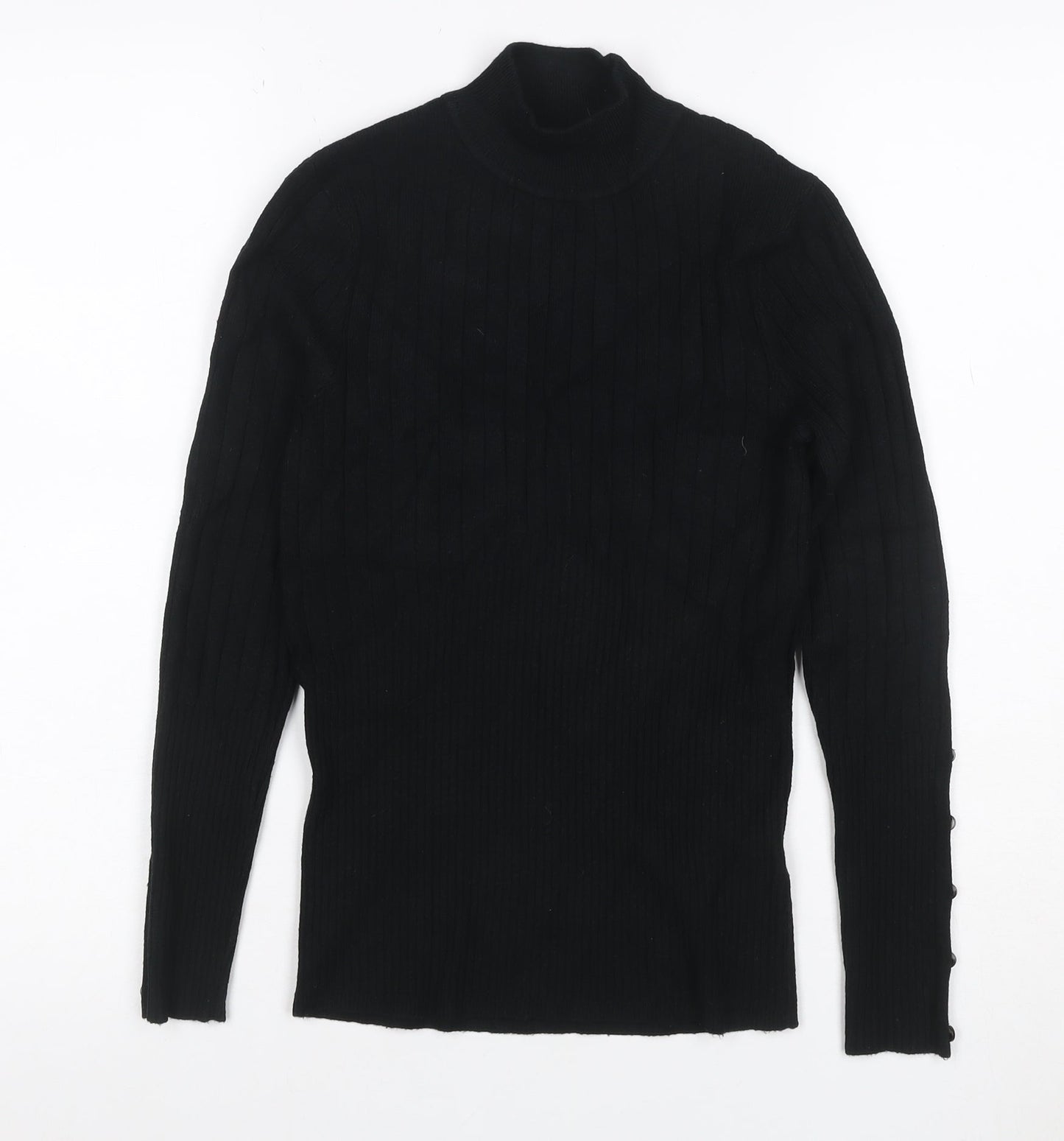 M&S Women Black UK 10 Ribbed Roll Neck Button Sleeve Jumper
