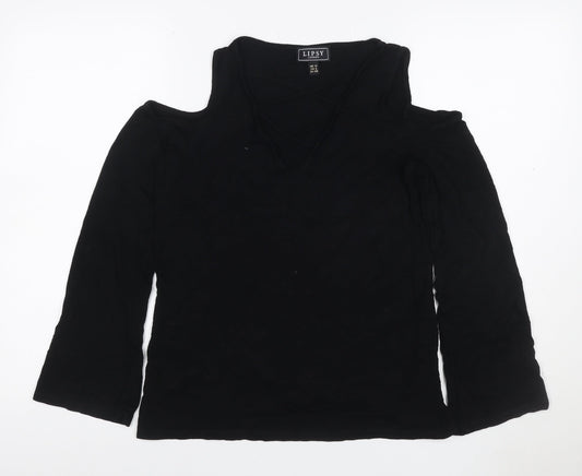 Lipsy Women Black UK 10 Cold Shoulder V-Neck Stretch Blouse