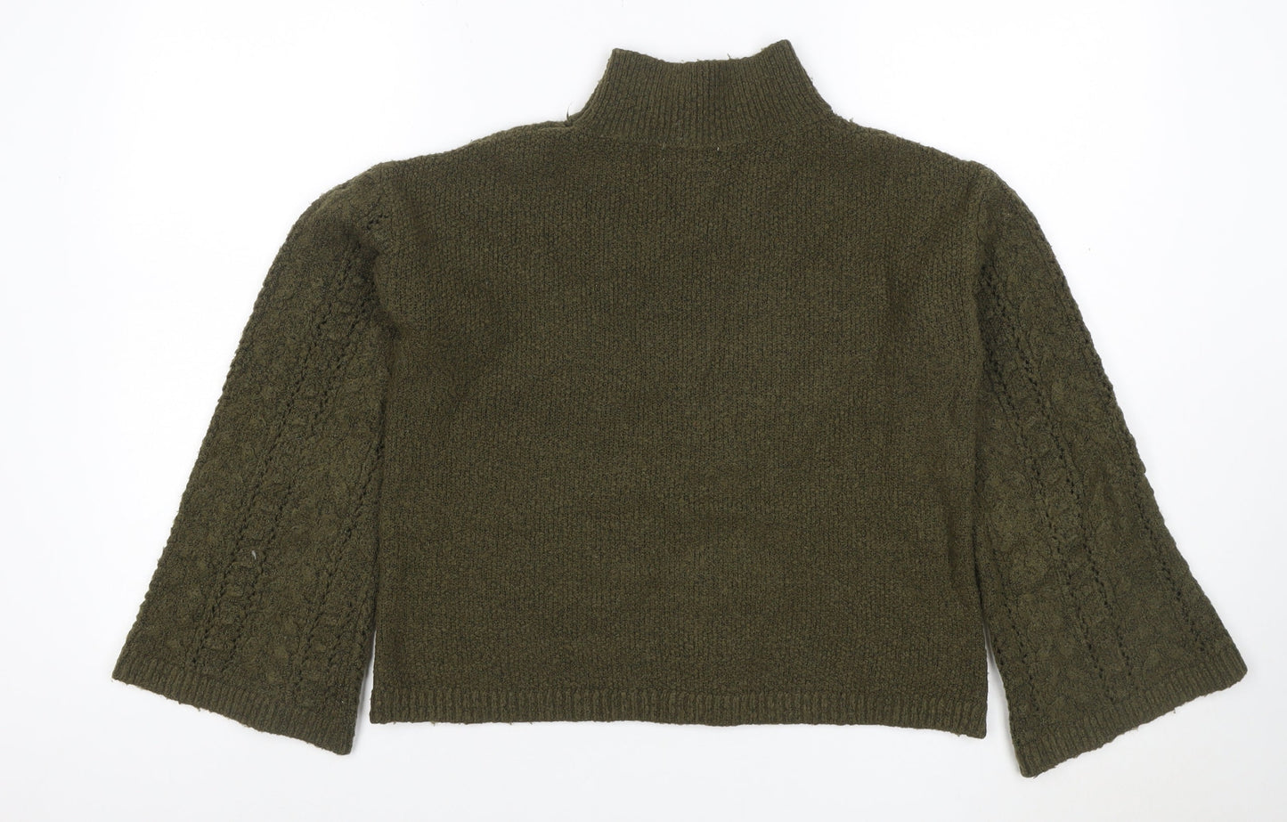 Gallery Women Green S Mock Neck Bouclé Knit Pocket Jumper Bell Sleeve