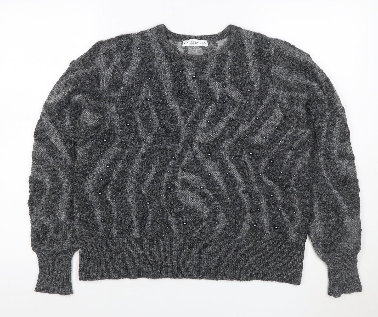 Gallery Women Grey M Cable Knit Beaded Crew Neck Jumper