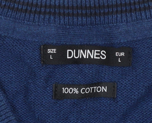 Dunnes Men’s Blue L V-Neck 100% Cotton Knit Pullover Jumper Classic