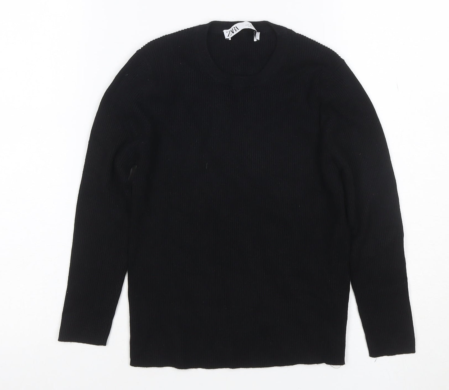 Zara Women Black M Rib Knit Round Neck Slim Pullover Jumper