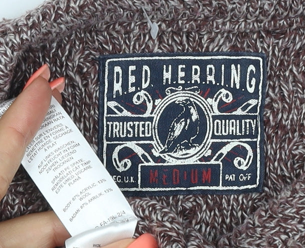 Red Herring Men Brown M Cable Knit Wool Blend V-Neck Pullover Jumper