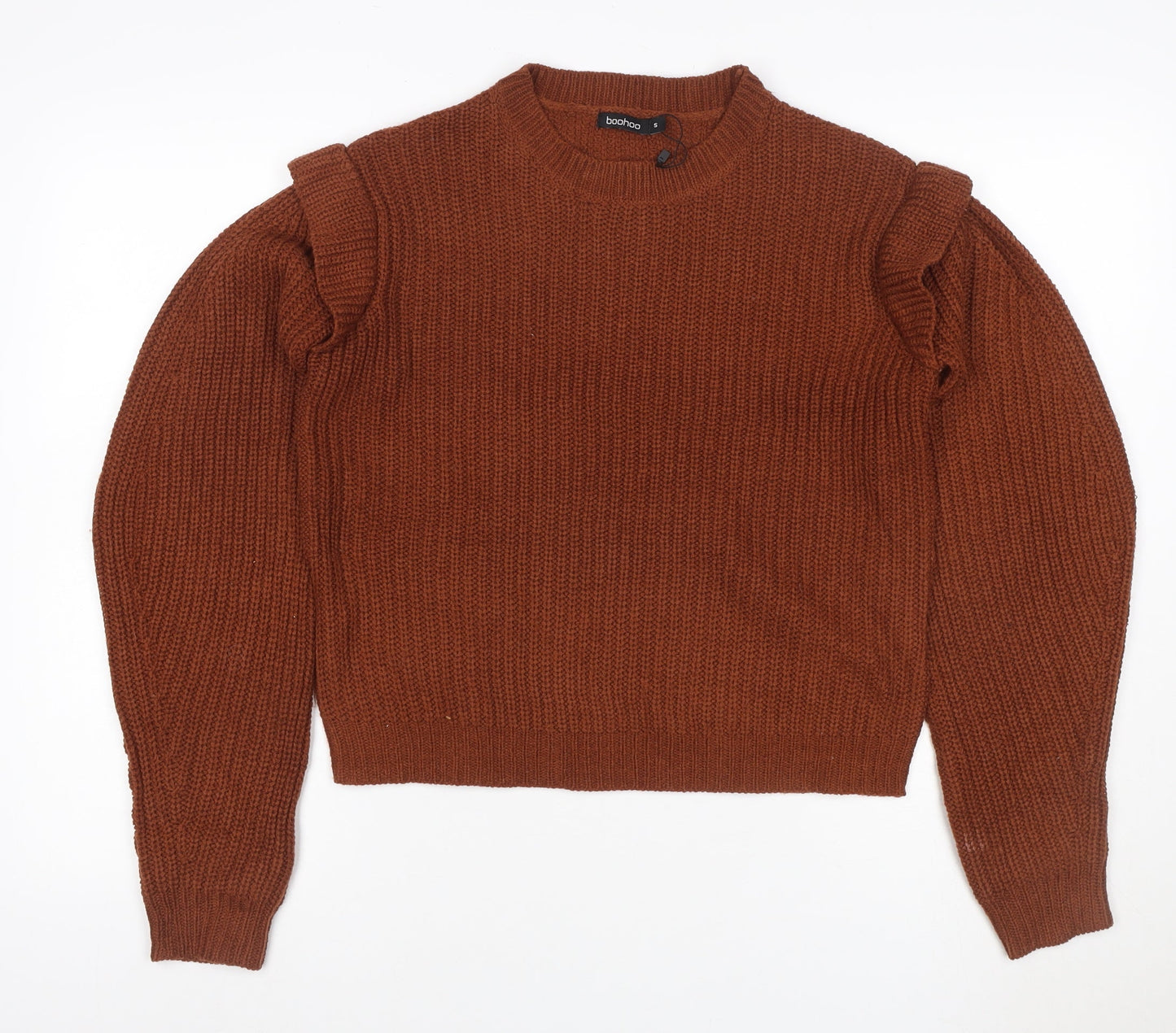 Boohoo Women Brown S Ruffle Shoulder Crew Neck Chunky Knit Jumper