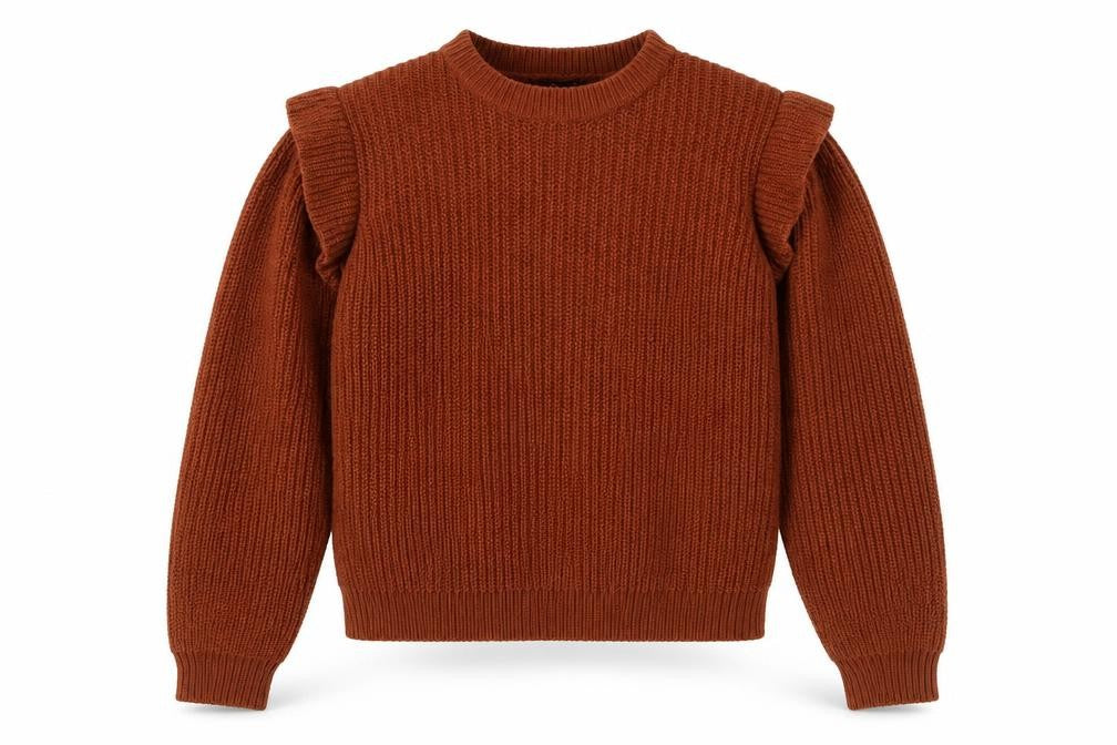 Boohoo Women Brown S Ruffle Shoulder Crew Neck Chunky Knit Jumper