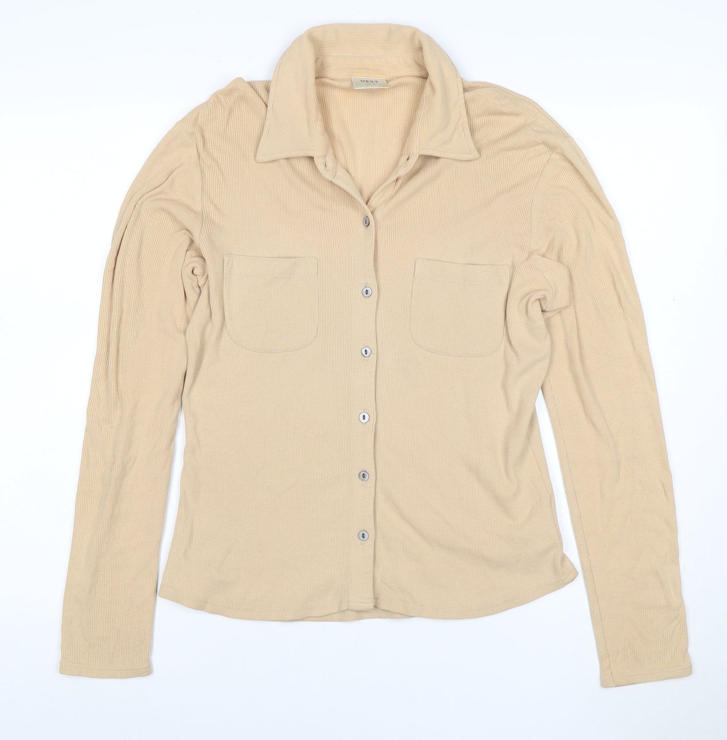 Next Women Beige UK 12 Ribbed Collared Button-Up Long Sleeve Top