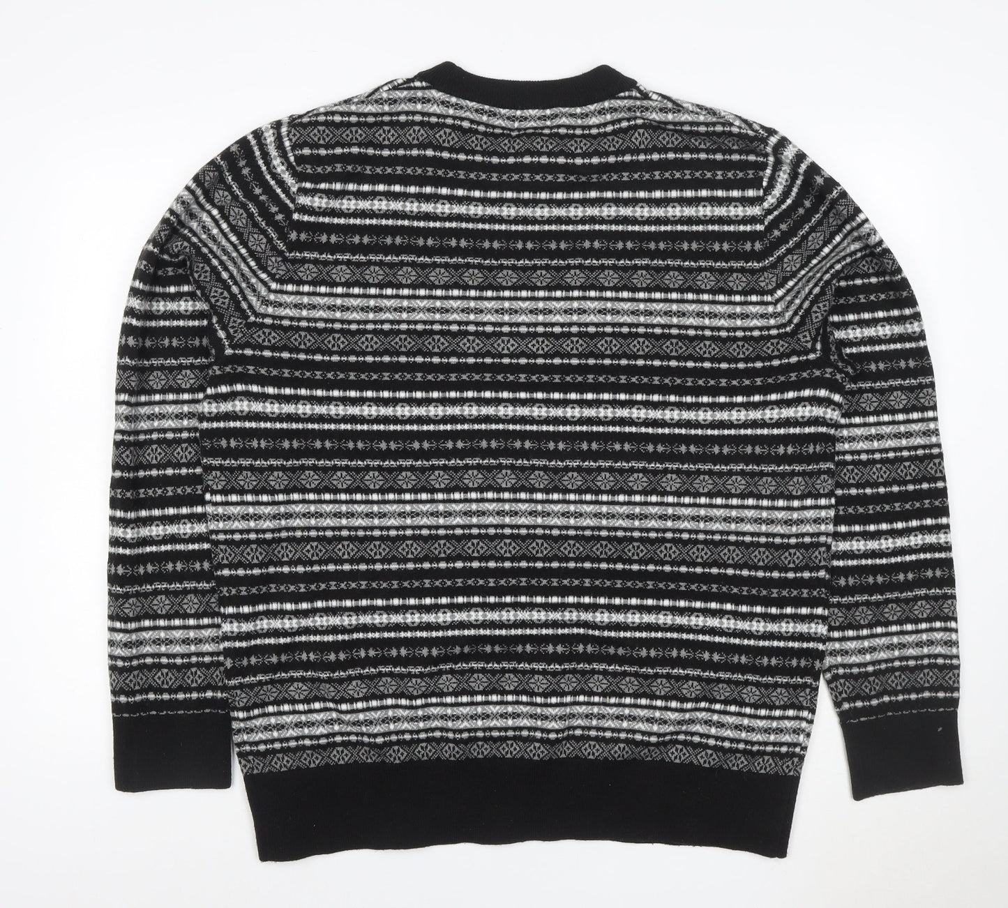 H&M Men Black Grey XL Fair Isle Knit Pullover Jumper Crew Neck
