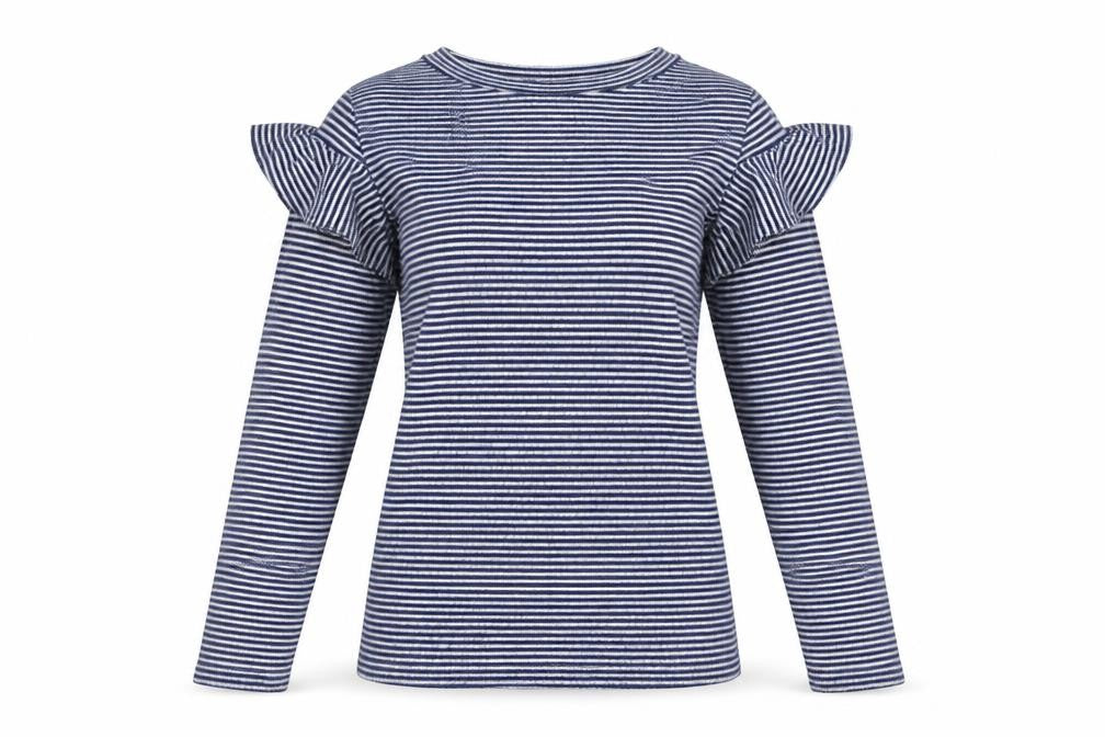 Saylor Women Blue White UK 12 M Striped Ruffle Long Sleeve Knit Top