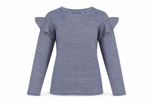 Saylor Women Blue White UK 12 M Striped Ruffle Long Sleeve Knit Top