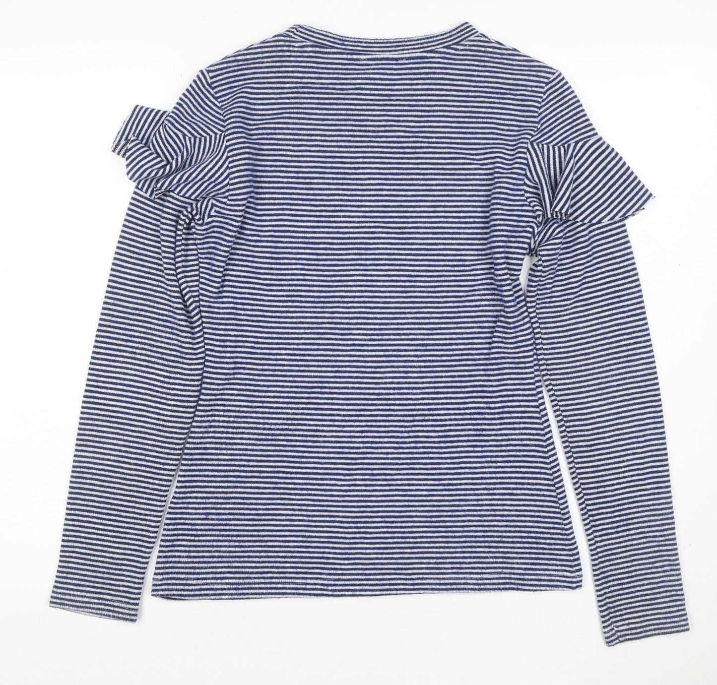 Saylor Women Blue White UK 12 M Striped Ruffle Long Sleeve Knit Top
