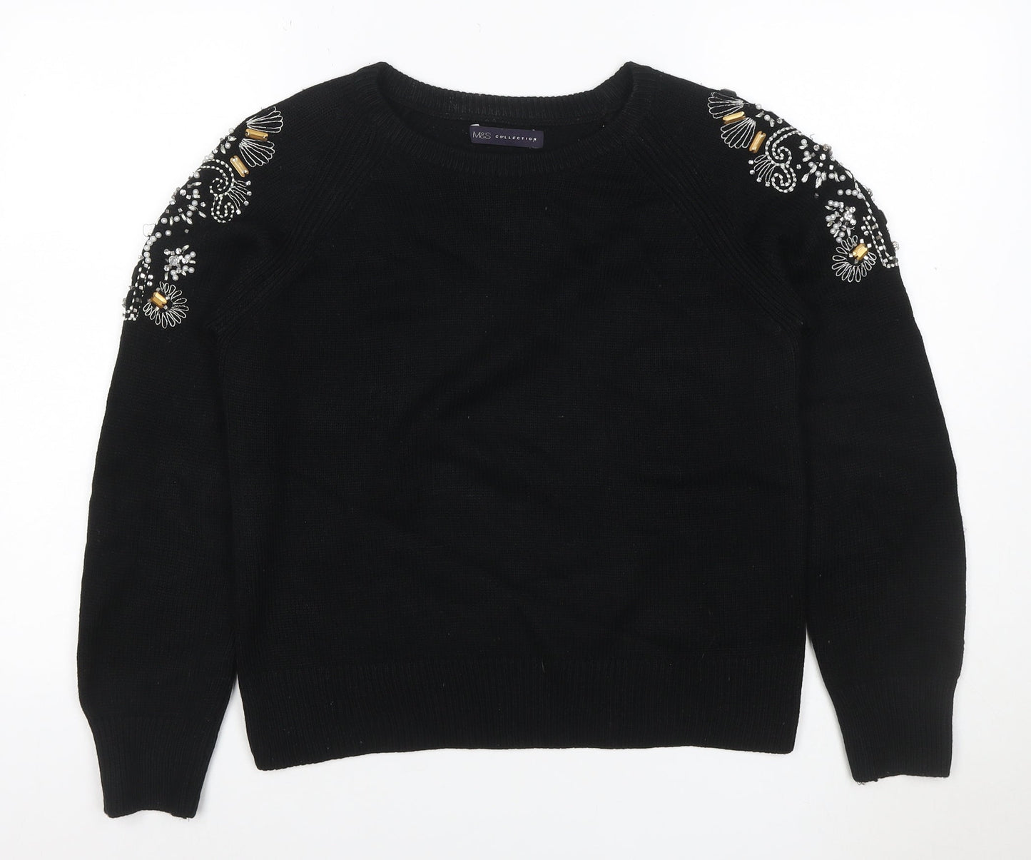 M&S Women Black S Embellished Floral Beaded Crew Neck Jumper