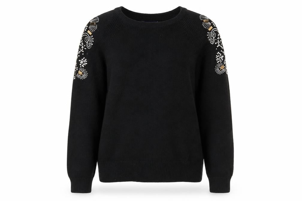 Marks & Spencer Women Black S Embellished Floral Beaded Crew Neck Jumper