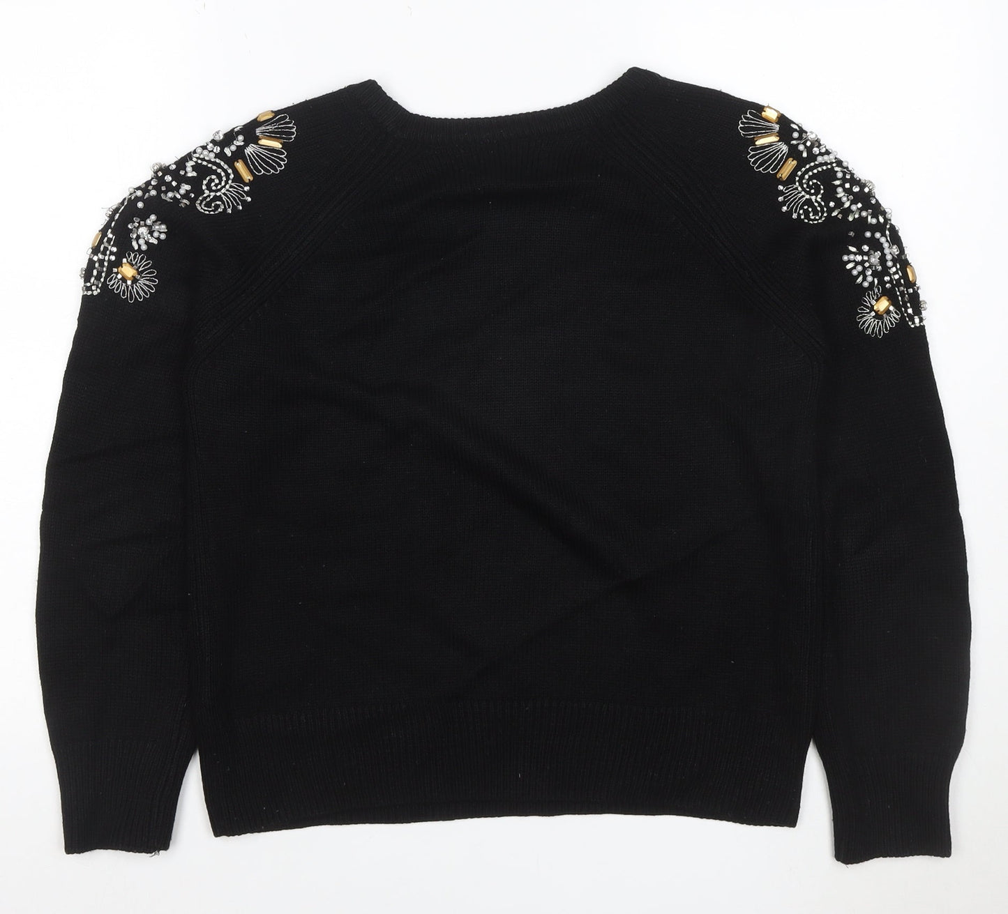 M&S Women Black S Embellished Floral Beaded Crew Neck Jumper