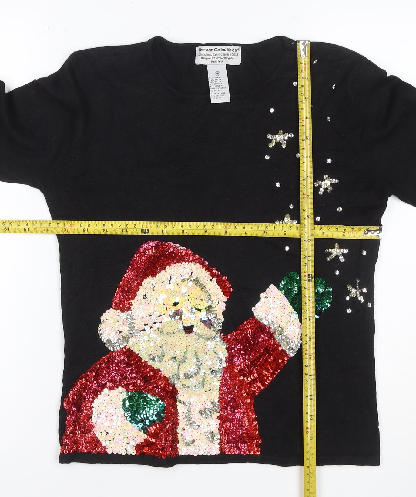 Heirloom Collectibles Women Black M Petite Sequin Santa Christmas Knit Top