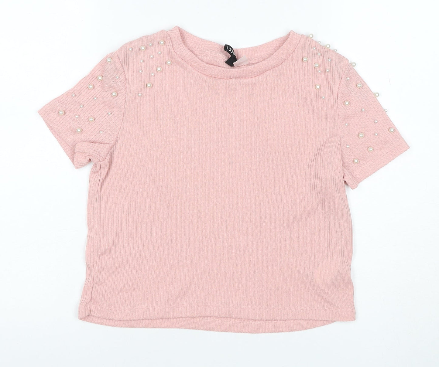 C&A Women Pink S Ribbed Pearl Puff Sleeve Knit T-Shirt