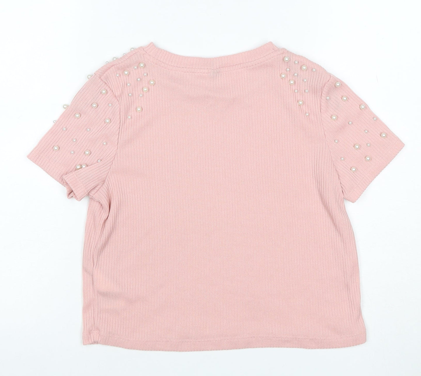 C&A Women Pink S Ribbed Pearl Puff Sleeve Knit T-Shirt