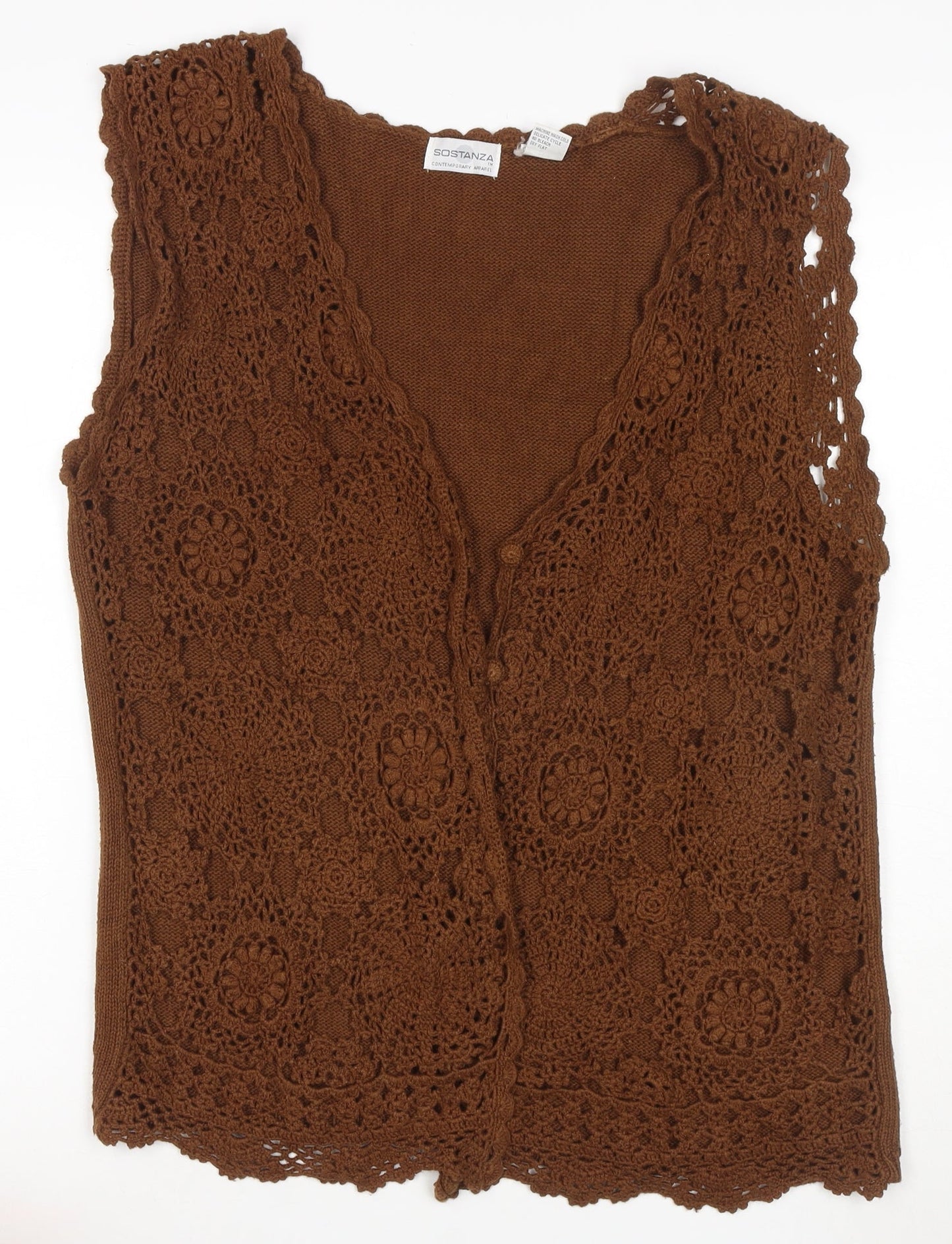 Sostanza Women’s Brown M Crochet Floral Sleeveless Button Cardigan