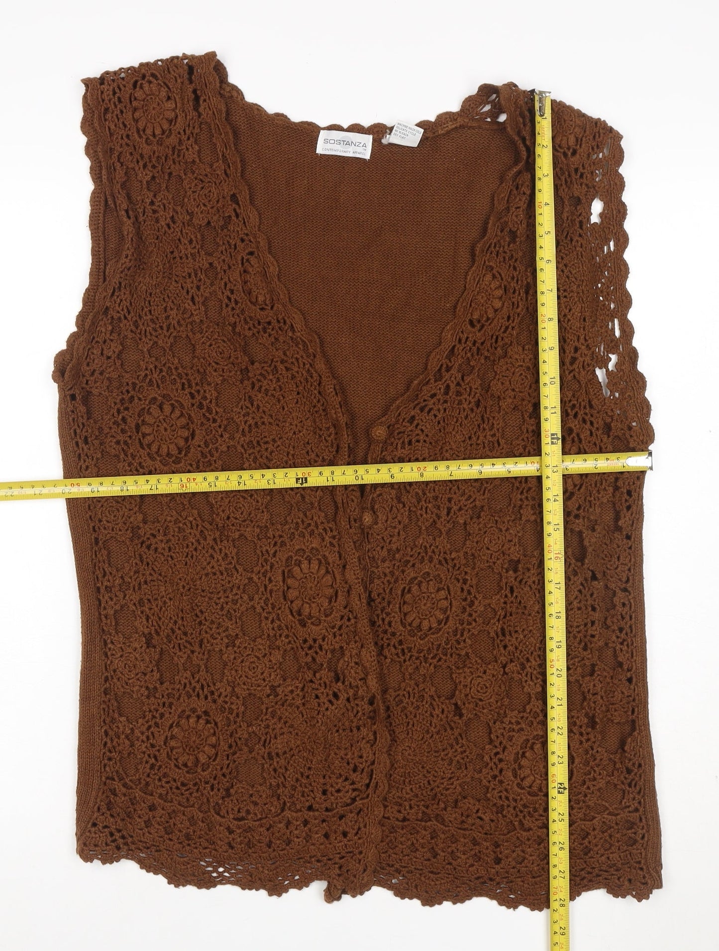 Sostanza Women’s Brown M Crochet Floral Sleeveless Button Cardigan