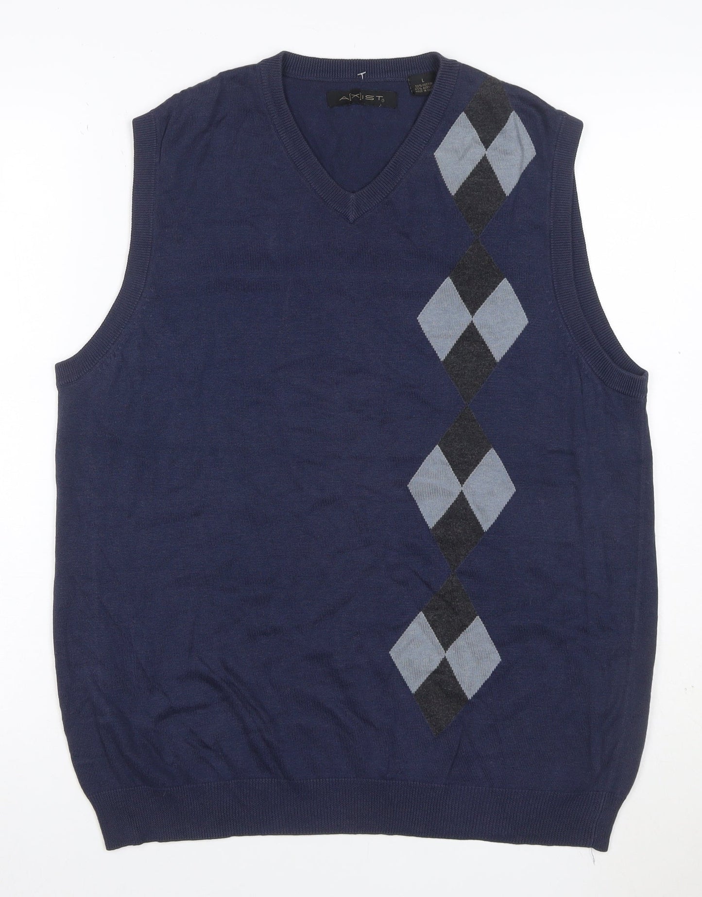 Axist Mens Blue L Argyle V-Neck Sleeveless Cotton Blend Jumper Vest