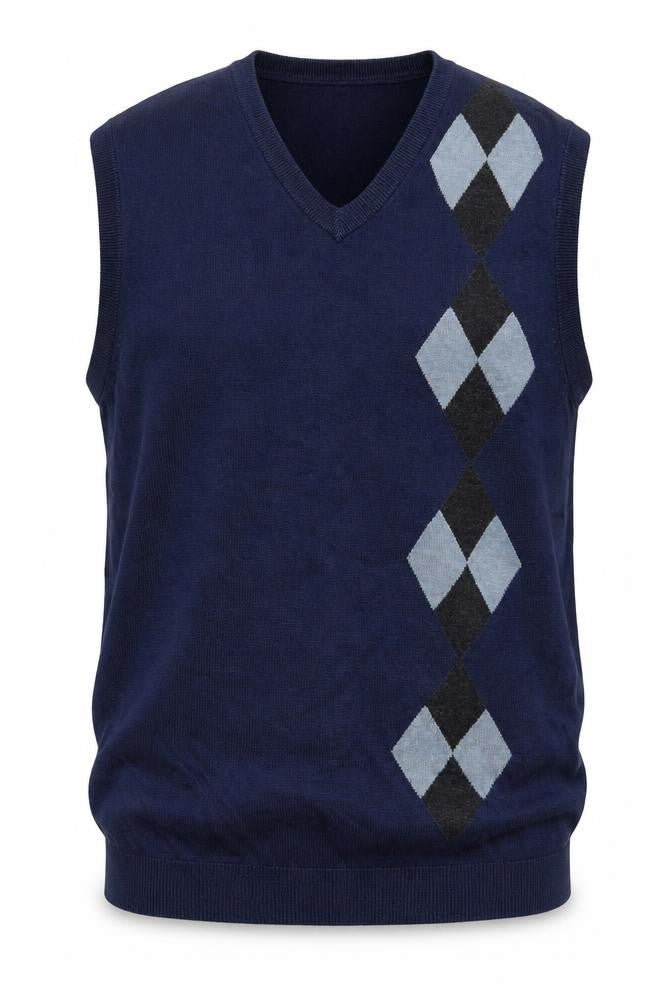 Axist Mens Blue L Argyle V-Neck Sleeveless Cotton Blend Jumper Vest