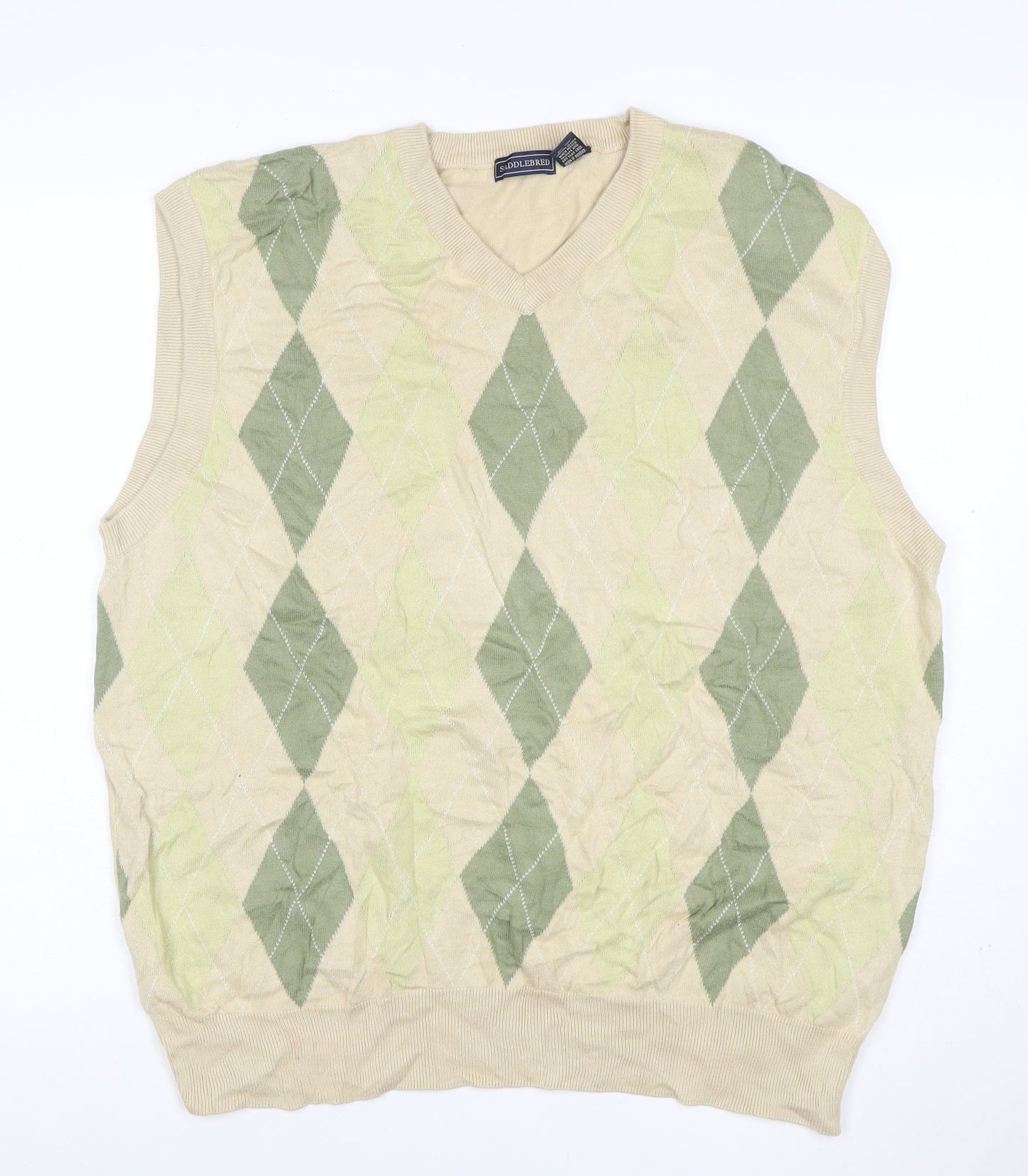 SaddleBred Men's Beige Green XL Argyle V-Neck Cotton Knit Sweater Vest