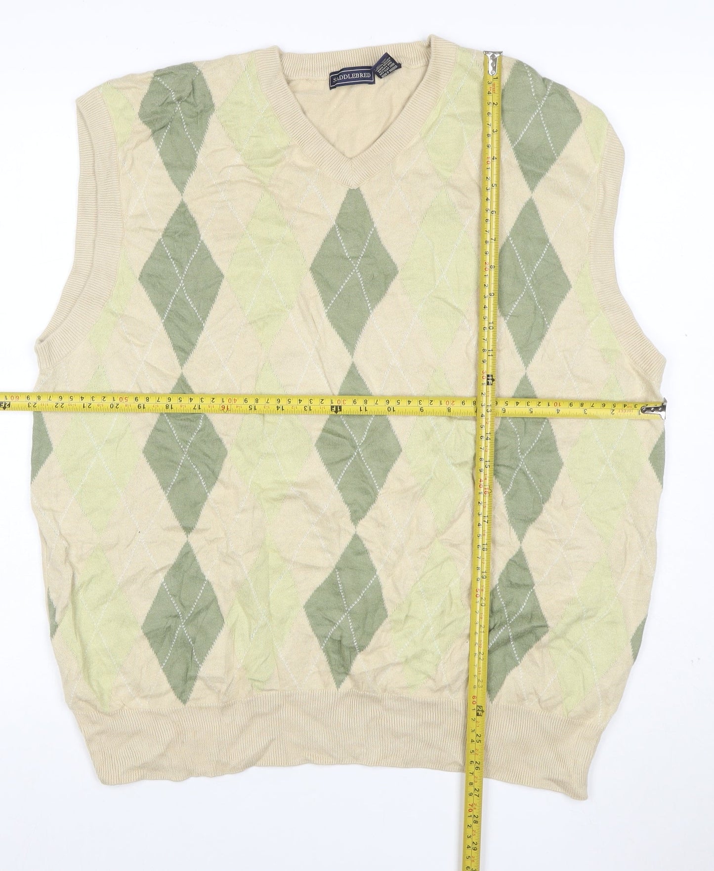 SaddleBred Men's Beige Green XL Argyle V-Neck Cotton Knit Sweater Vest