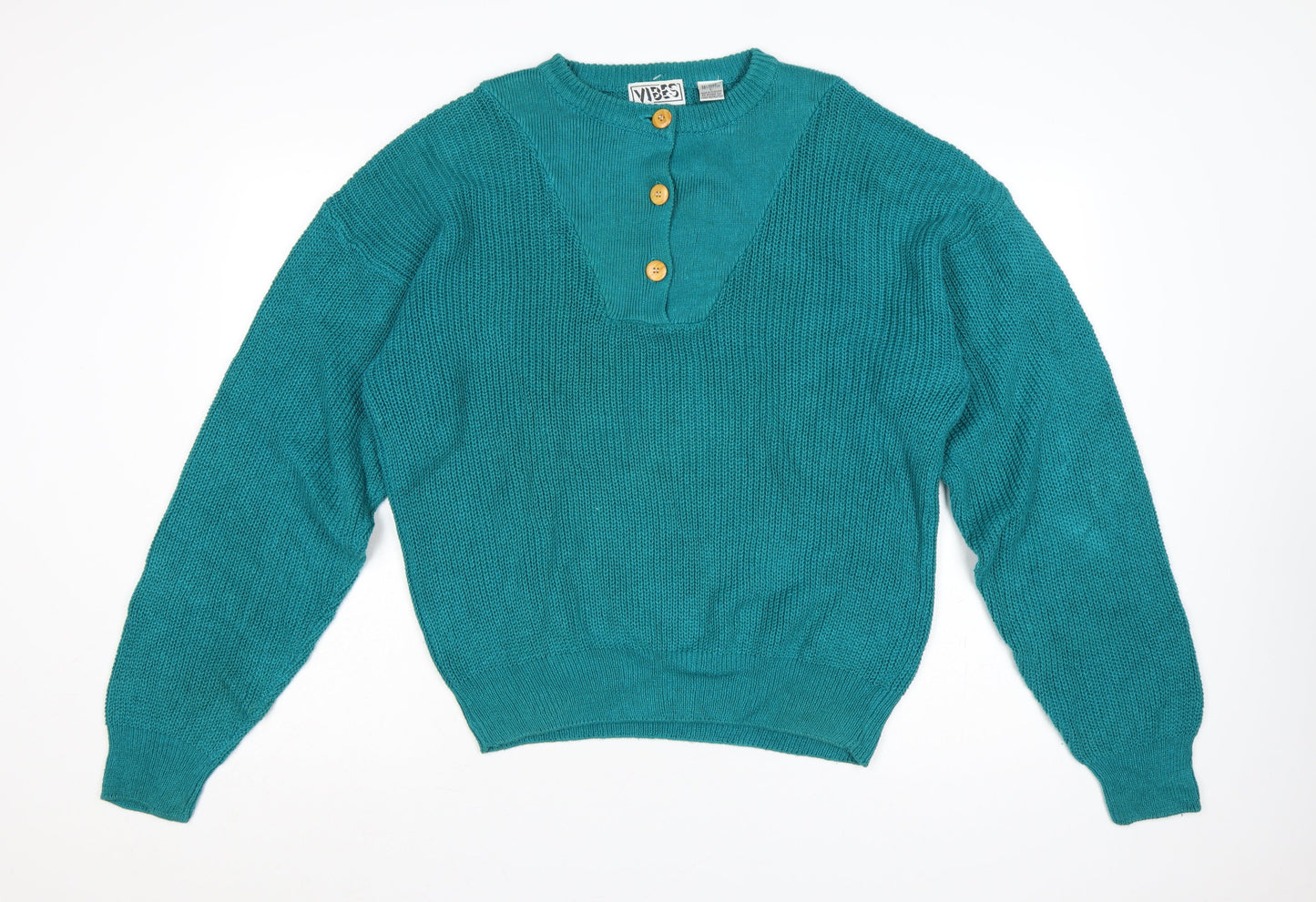 Vibes Women’s Blue Ramie Cotton L Henley Raglan Knit Jumper