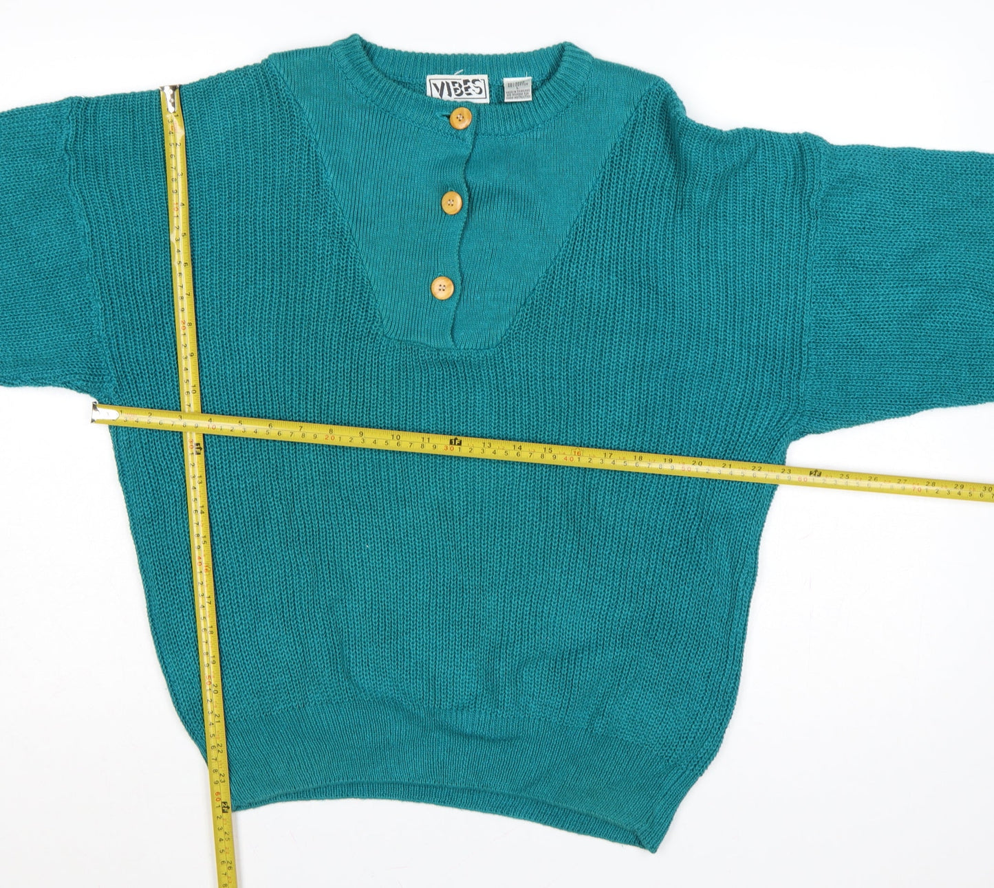 Vibes Women’s Blue Ramie Cotton L Henley Raglan Knit Jumper