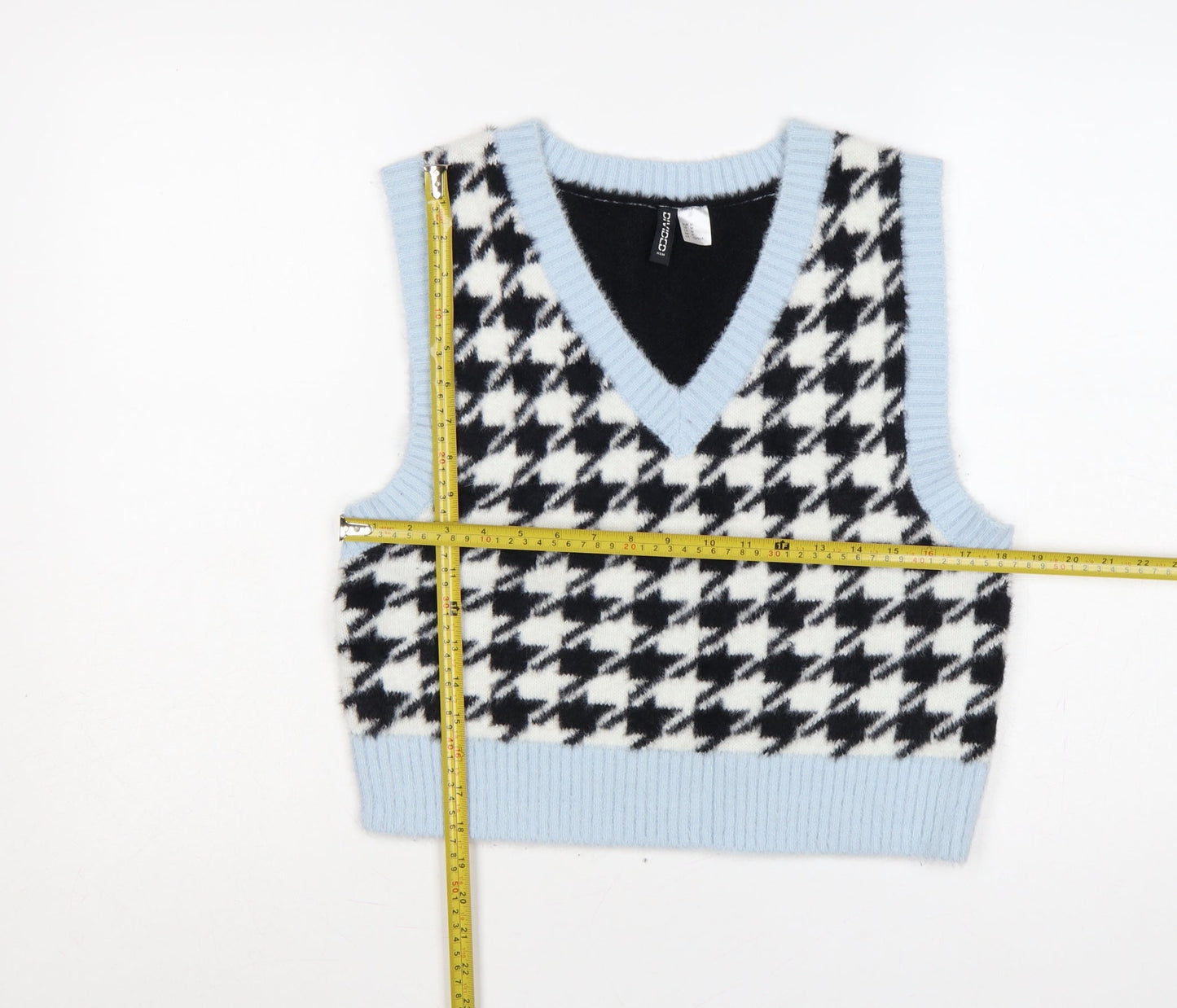 H&M Divided Women Blue Black Houndstooth Knit V-Neck Vest UK 12