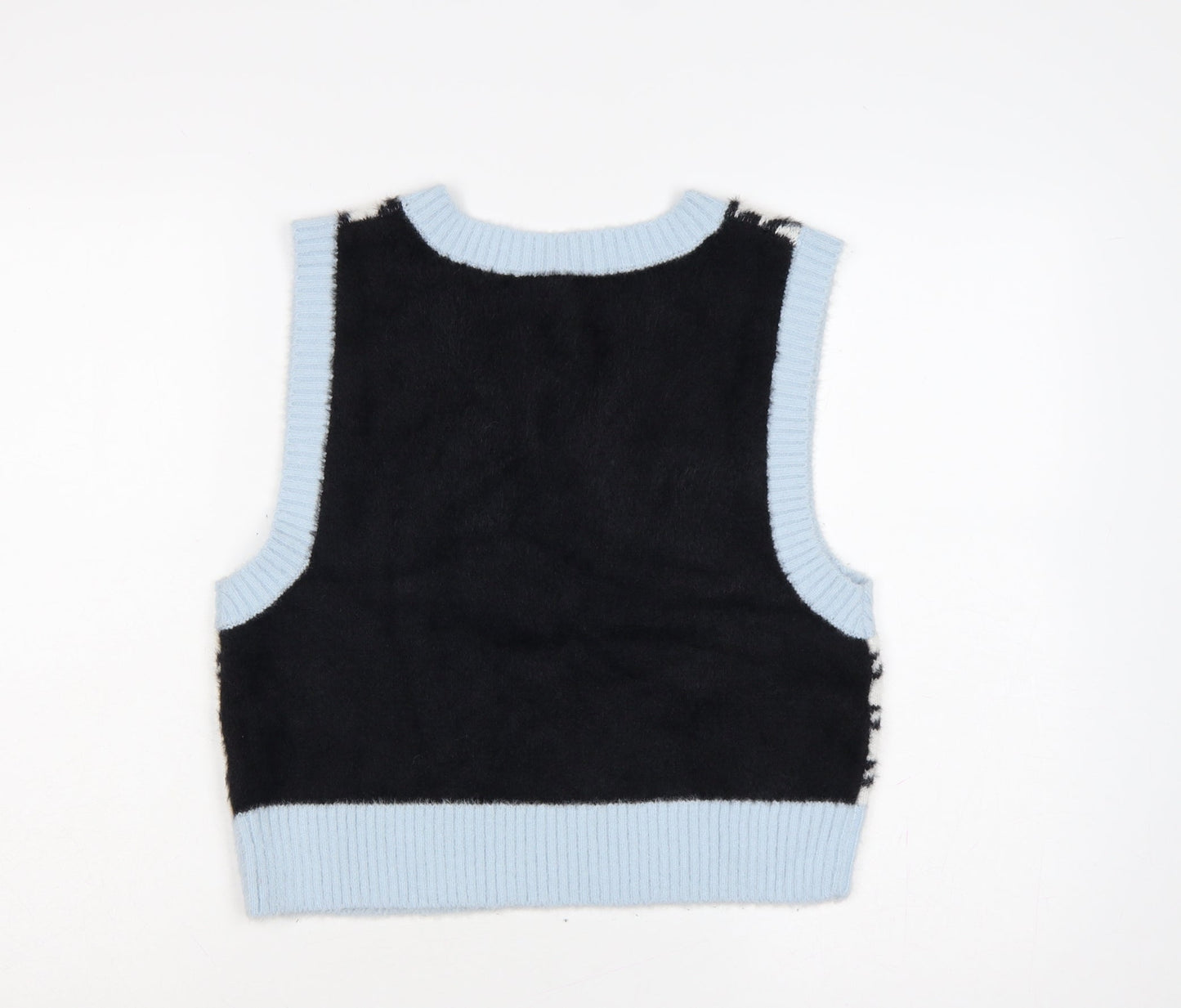 H&M Divided Women Blue Black Houndstooth Knit V-Neck Vest UK 12