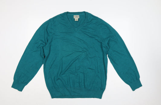 L.L.Bean Men’s Blue L V-Neck Cotton Cashmere Pullover Jumper