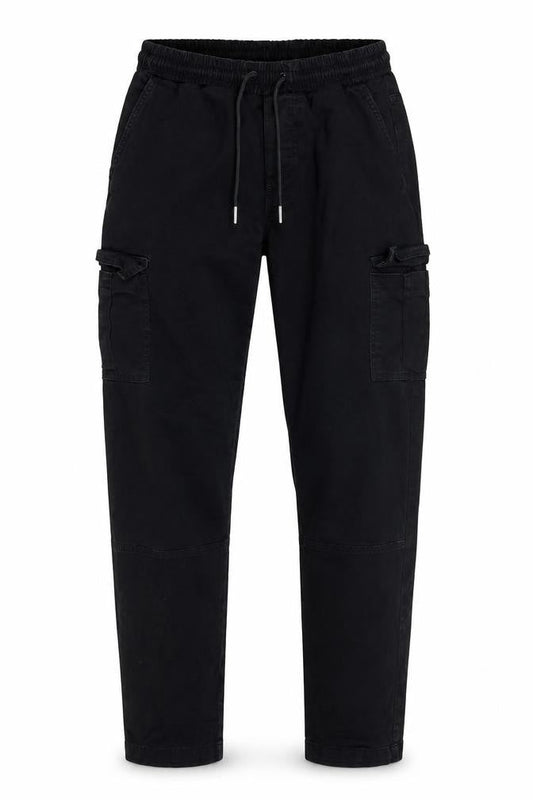 Front view of boohooMAN Men's Black XS Cargo Trousers Elastic Waist Drawstring