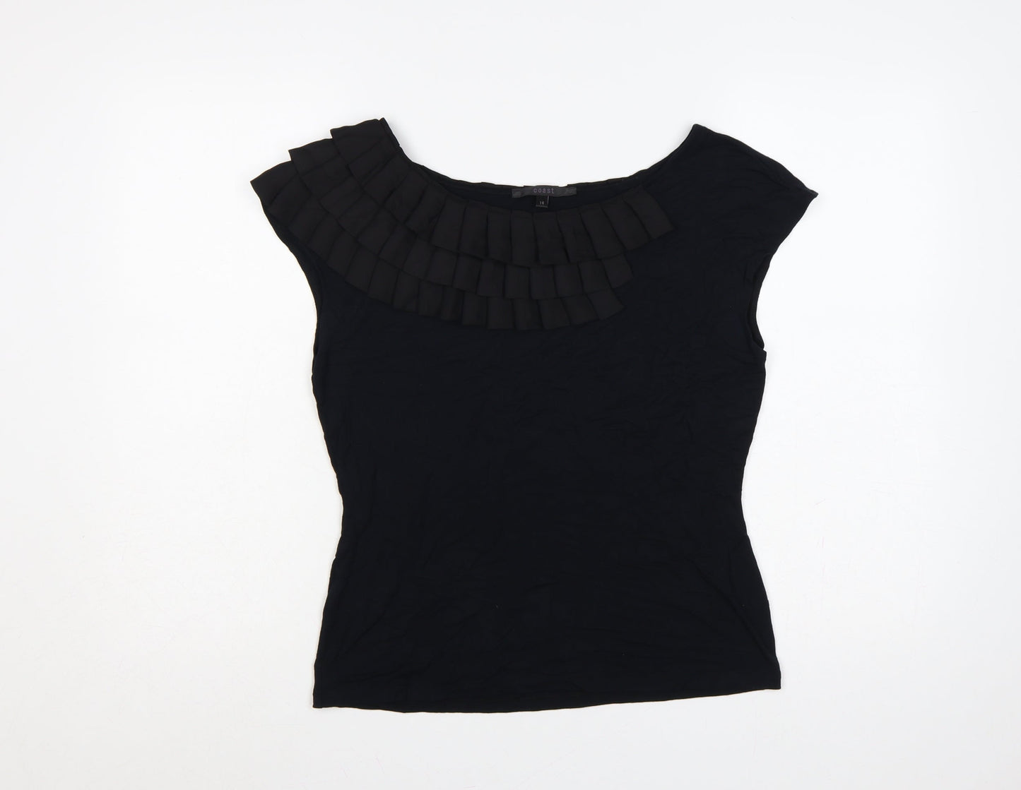 Coast Women Black UK 14 Ruffle Pleated Cap Sleeve Viscose Blouse