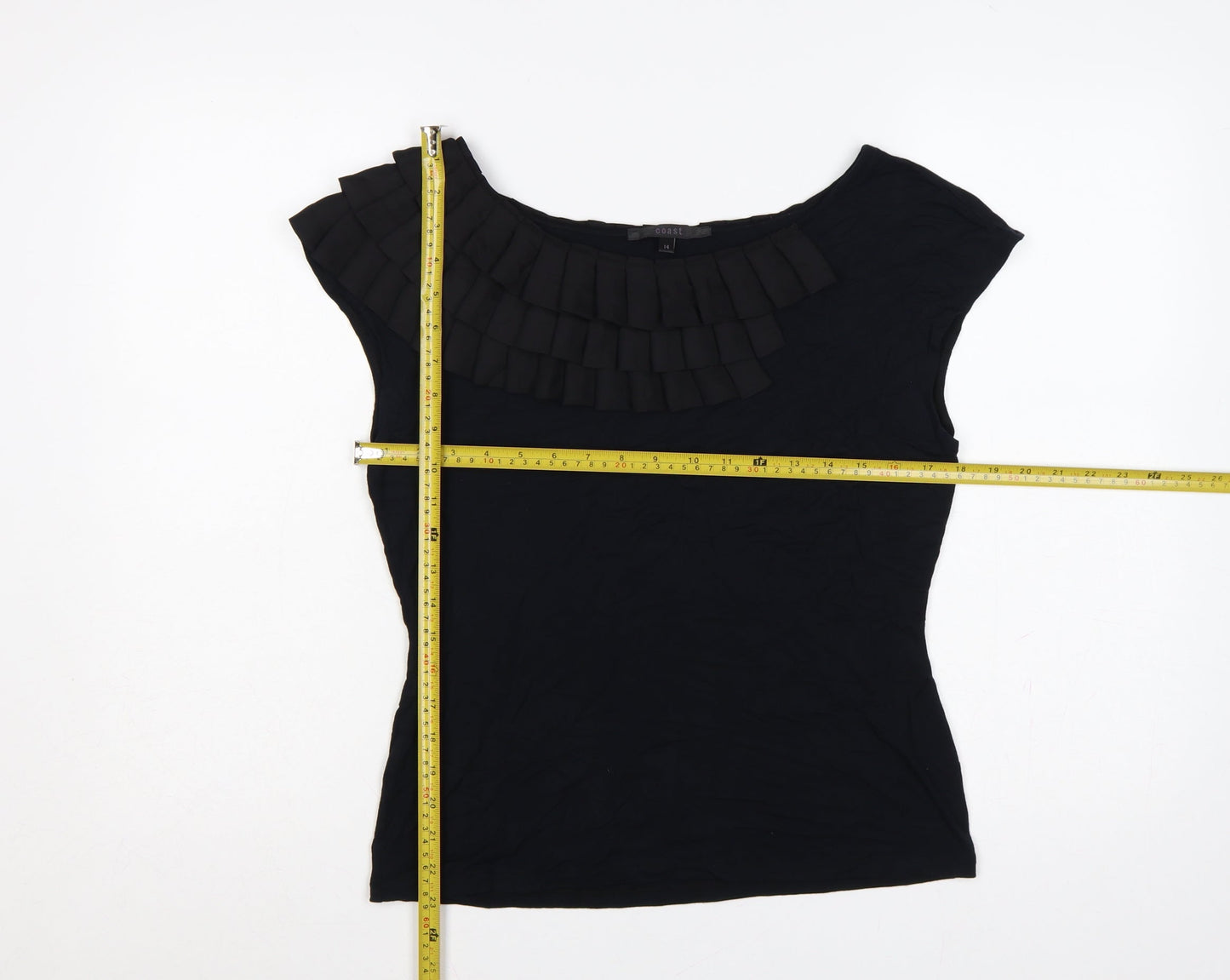 Coast Women Black UK 14 Ruffle Pleated Cap Sleeve Viscose Blouse