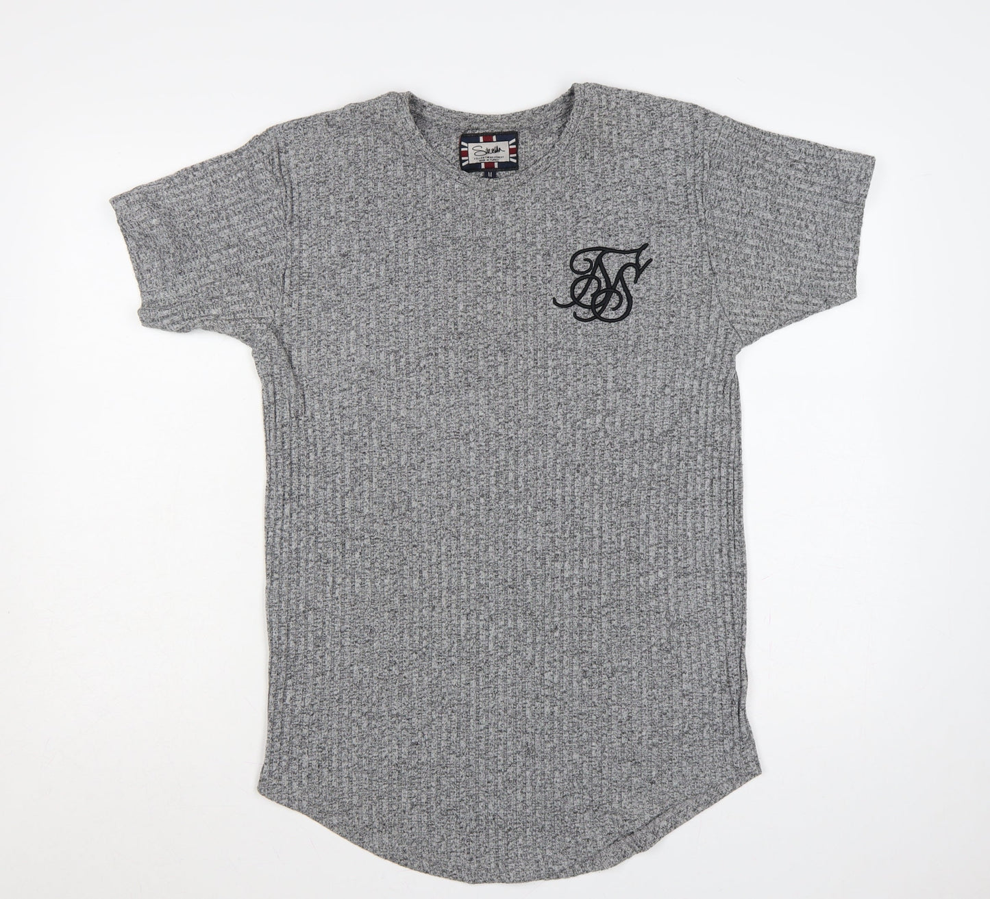 SikSilk Men's Grey M Slim Fit Curved Hem Embroidered Logo T-Shirt