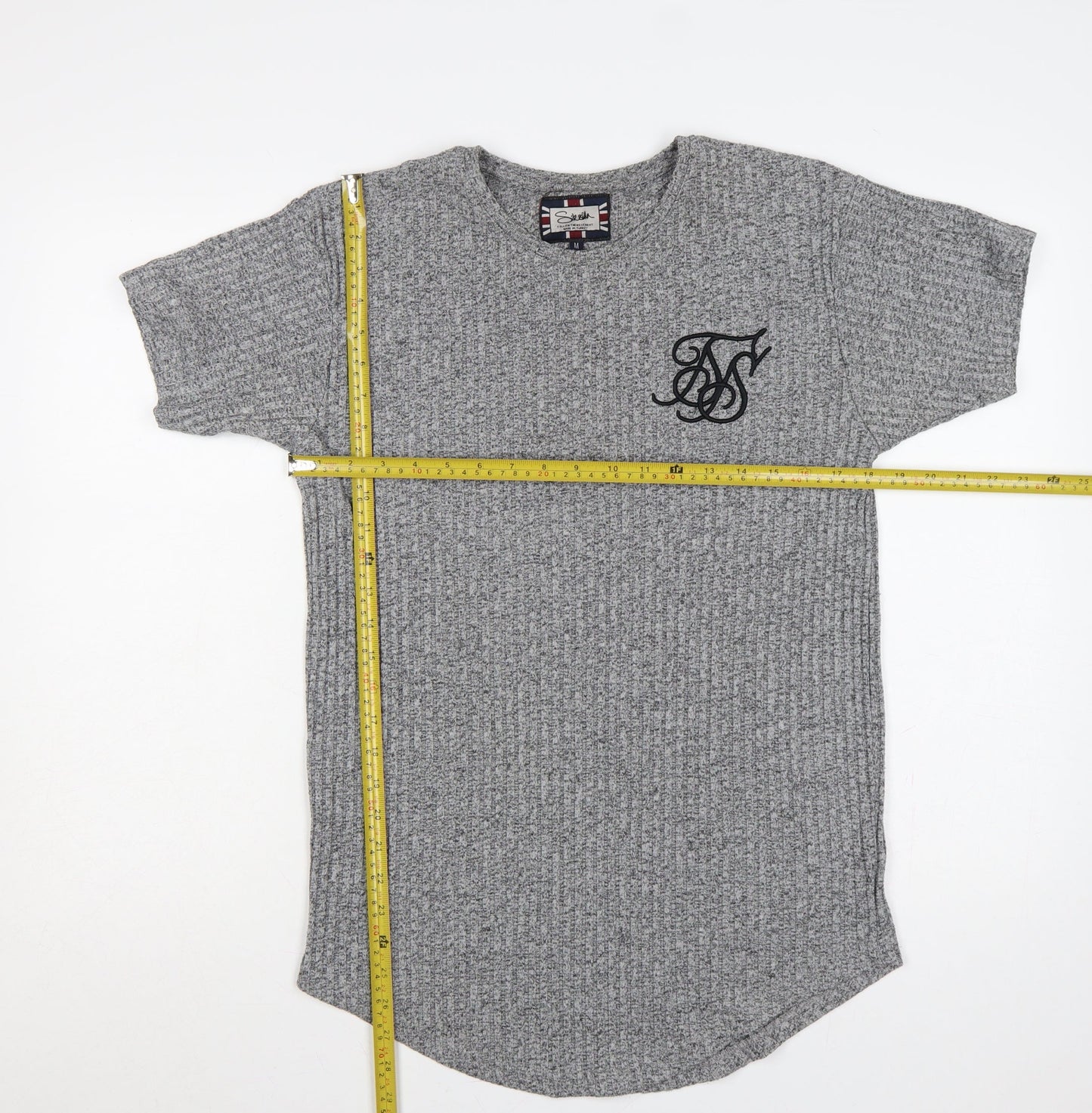 SikSilk Men's Grey M Slim Fit Curved Hem Embroidered Logo T-Shirt