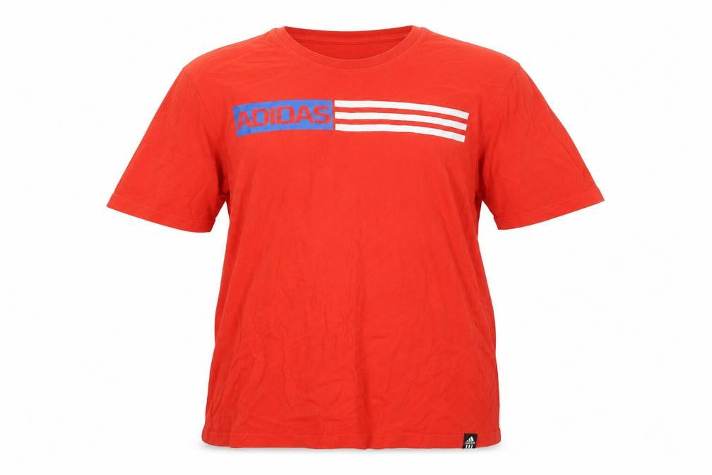 Front view of Adidas Men's Red L Logo Graphic Crew Neck Cotton T-Shirt