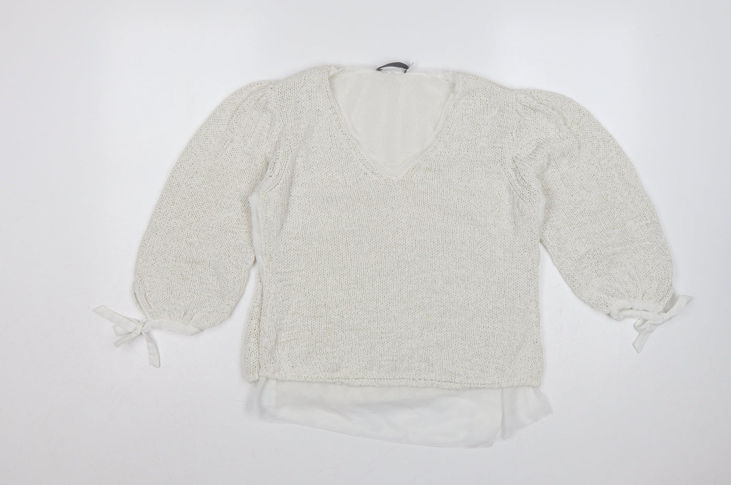 Mint Velvet Women Ivory S V-Neck Knit Balloon Sleeve Jumper