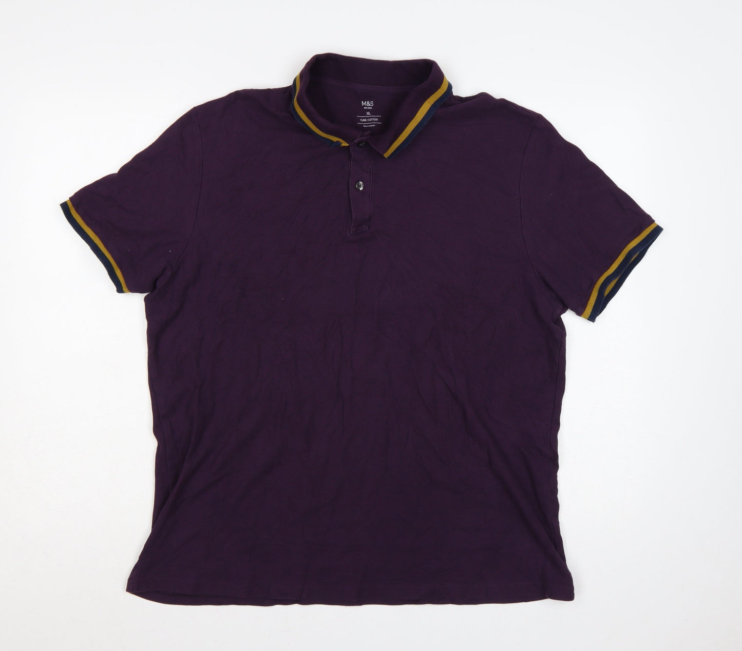 Marks and Spencer Men Purple XL Cotton Polo Shirt Contrast Trim