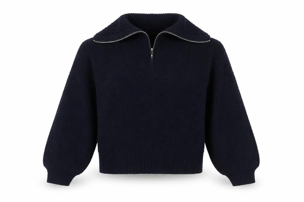 Front view of French Connection Women’s Blue M Rib Knit 1/4 Zip High Neck Jumper